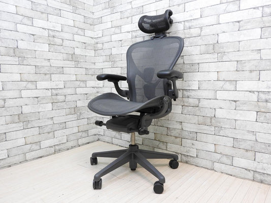 ハーマンミラー Herman Miller アーロンチェア Aeron Chair リマスタード Bサイズ ポスチャーフィットSL グラファイトベース + ヘッドレスト HR-03 ●