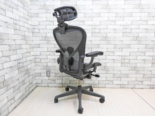 ハーマンミラー Herman Miller アーロンチェア Aeron Chair リマスタード Bサイズ ポスチャーフィットSL グラファイトベース + ヘッドレスト HR-03 ●