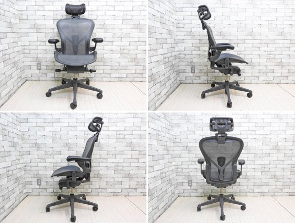 ハーマンミラー Herman Miller アーロンチェア Aeron Chair リマスタード Bサイズ ポスチャーフィットSL グラファイトベース + ヘッドレスト HR-03 ●