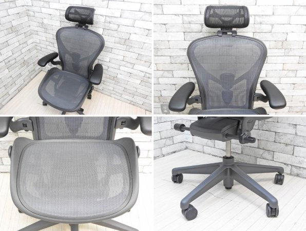 ハーマンミラー Herman Miller アーロンチェア Aeron Chair リマスタード Bサイズ ポスチャーフィットSL グラファイトベース + ヘッドレスト HR-03 ●