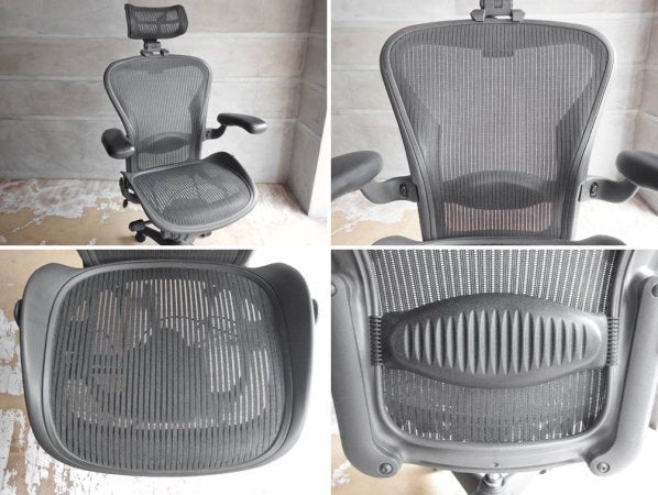 ハーマンミラー Herman Miller アーロンチェア Aeron Chair ランバーサポート クラシックカーボン フル装備 Bサイズ グラファイトカラーベース ヘッドレスト付 デスクチェア ♪