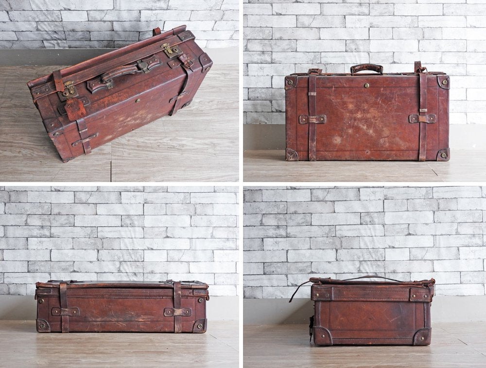 ビンテージ Vintage レザートランクケース スーツケース 本革 ブラウン 収納 ディスプレイ 店舗什器 現状品 ●