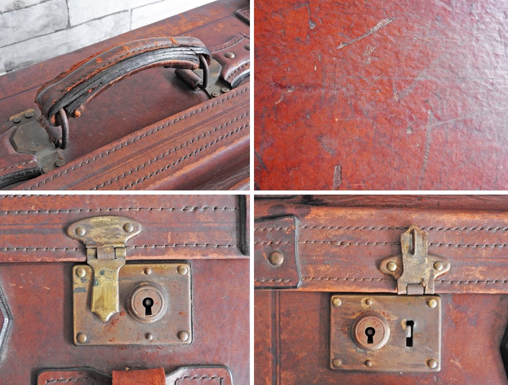 ビンテージ Vintage レザートランクケース スーツケース 本革 ブラウン 収納 ディスプレイ 店舗什器 現状品 ●
