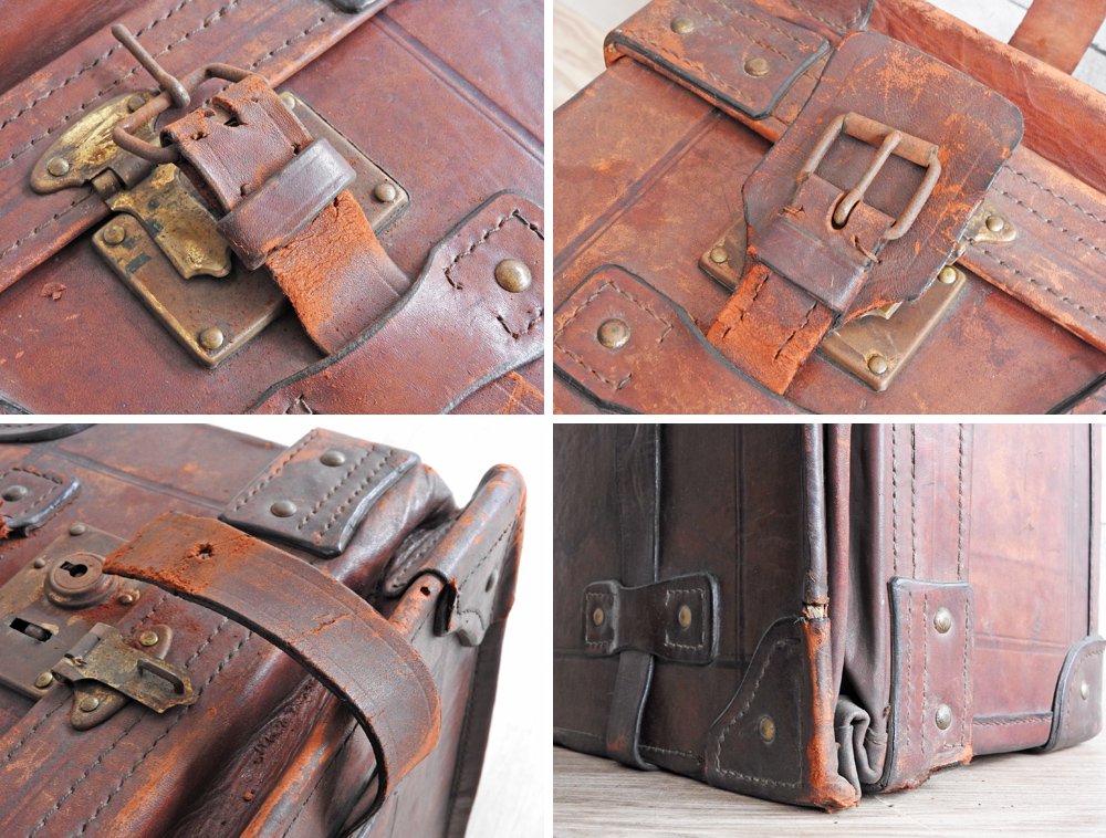 ビンテージ Vintage レザートランクケース スーツケース 本革 ブラウン 収納 ディスプレイ 店舗什器 現状品 ●