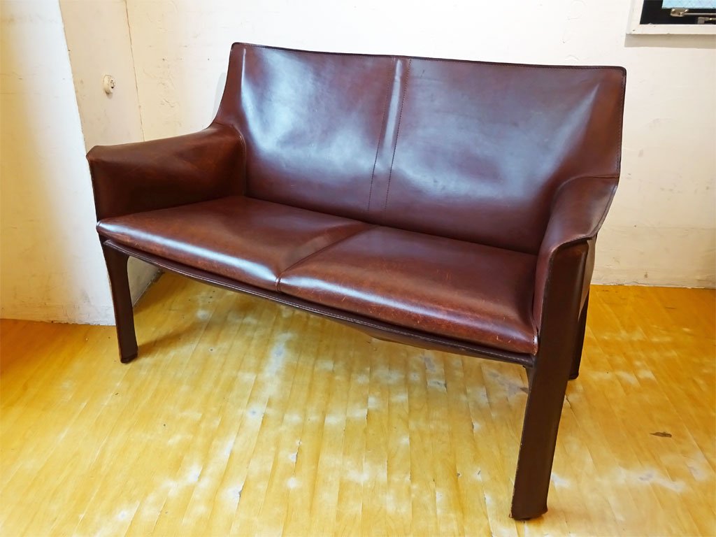 カッシーナ cassina 414 キャブ ラウンジ アームチェア CABチェア 2シーターソファ ブラウン マリオ ベリーニ  廃盤品★