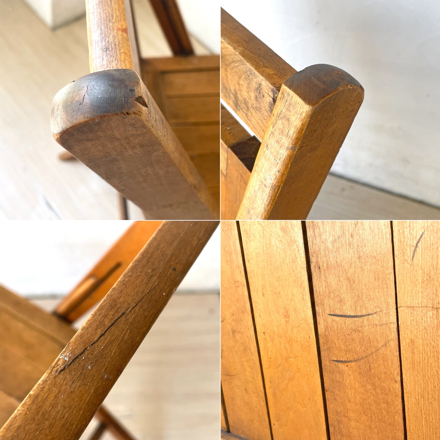 US ビンテージ スラットバック フォールディングチェア 折り畳み椅子 木味 カントリー アンティーク A ★