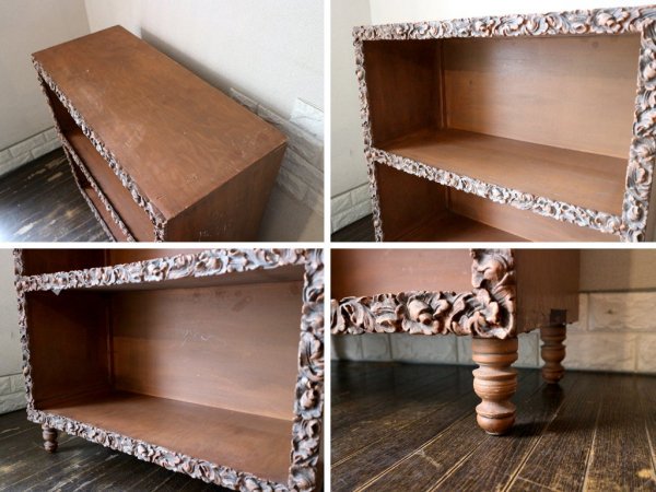 US ビンテージ シェルフ 彫刻 木彫り 2段 棚 ディスプレイラック キャビネット Cerote Antiques 取扱い ◎
