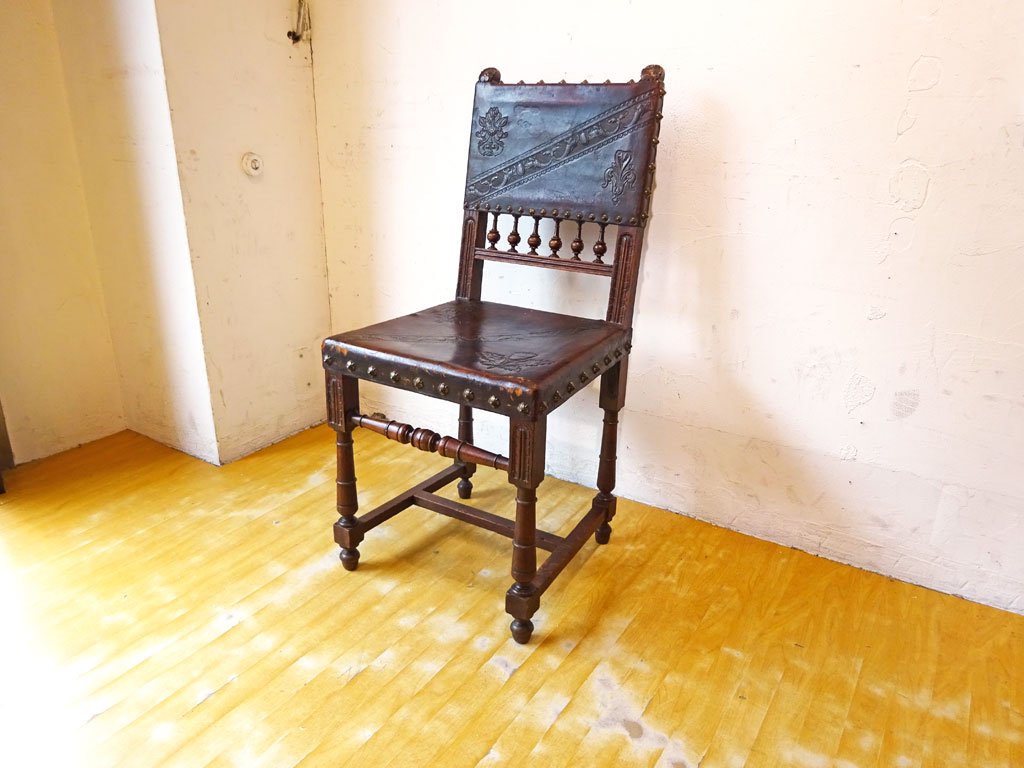 イギリスアンティーク UK Antique ジャコビアン様式 サロンチェア ダイニングチェア 本革 装飾美 ★