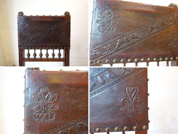 イギリスアンティーク UK Antique ジャコビアン様式 サロンチェア ダイニングチェア 本革 装飾美 ★