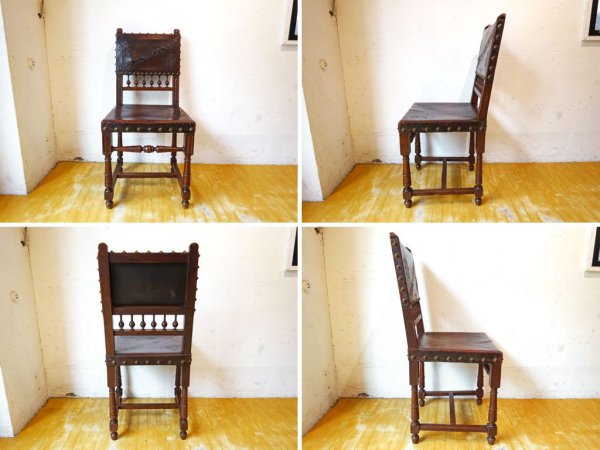 イギリスアンティーク UK Antique ジャコビアン様式 サロンチェア ダイニングチェア 本革 装飾美 ★