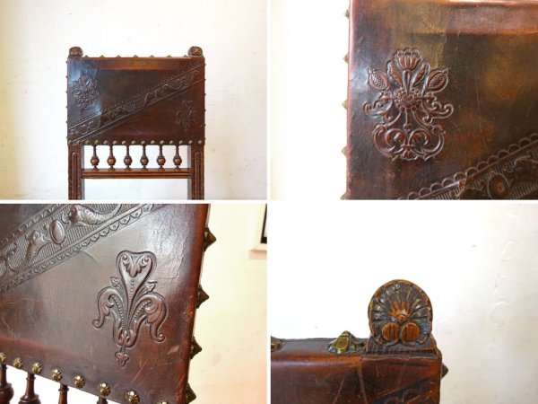 イギリスアンティーク UK Antique ジャコビアン様式 サロンチェア ダイニングチェア 本革 装飾美 ★