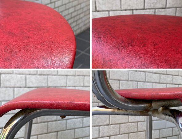 フランスビンテージ France Vintage チェア スチールレッグ ビニールレザー レッド ■