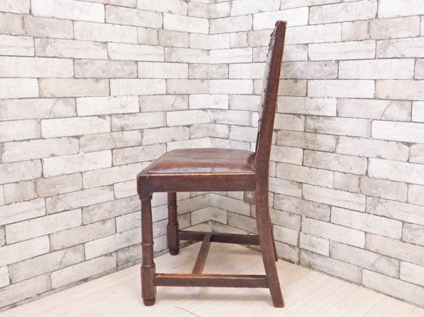 イギリスアンティーク UK Antique ダイニングチェア オーク材 本革 ブラウン スタッズ 鋲打ち 英国ビンテージ ●