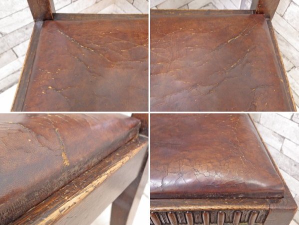 イギリスアンティーク UK Antique ダイニングチェア オーク材 本革 ブラウン スタッズ 鋲打ち 英国ビンテージ ●