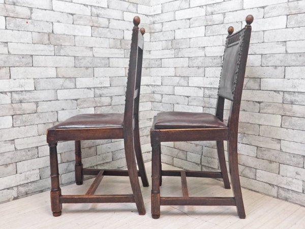イギリスアンティーク UK Antique ダイニングチェア 2脚セット オーク材 本革 ブラウン スタッズ 鋲打ち 英国ビンテージ A ●
