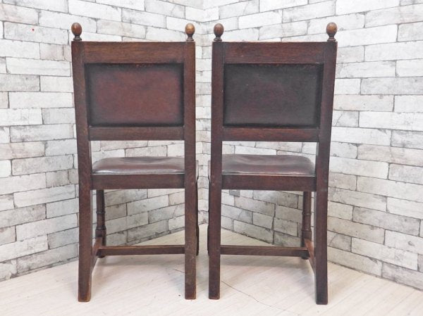 イギリスアンティーク UK Antique ダイニングチェア 2脚セット オーク材 本革 ブラウン スタッズ 鋲打ち 英国ビンテージ A ●