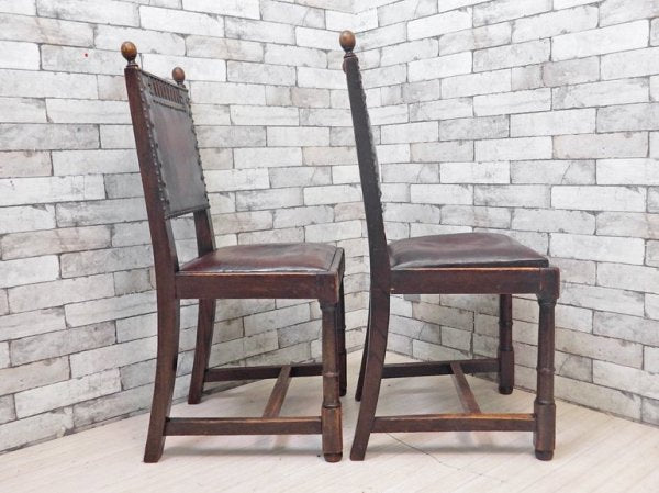 イギリスアンティーク UK Antique ダイニングチェア 2脚セット オーク材 本革 ブラウン スタッズ 鋲打ち 英国ビンテージ A ●