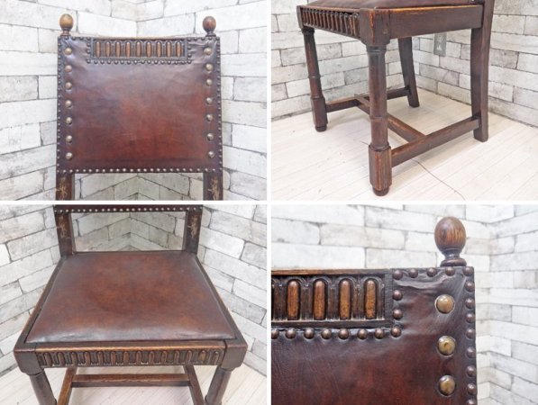 イギリスアンティーク UK Antique ダイニングチェア 2脚セット オーク材 本革 ブラウン スタッズ 鋲打ち 英国ビンテージ A ●