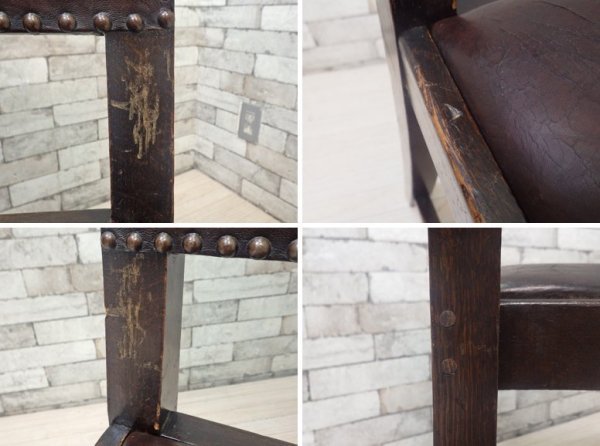 イギリスアンティーク UK Antique ダイニングチェア 2脚セット オーク材 本革 ブラウン スタッズ 鋲打ち 英国ビンテージ A ●