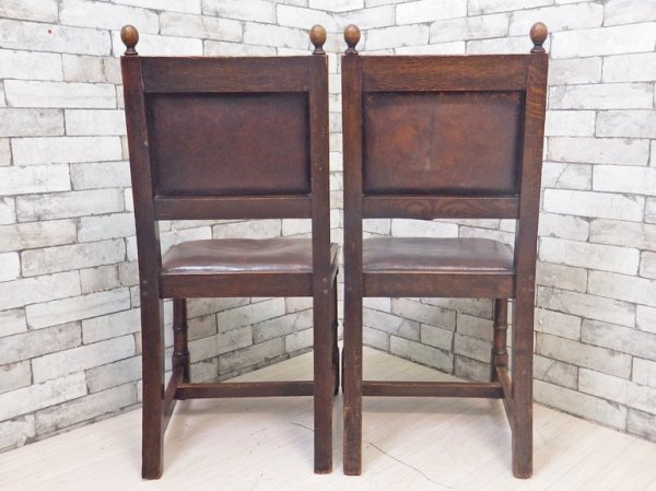 イギリスアンティーク UK Antique ダイニングチェア 2脚セット オーク材 本革 ブラウン スタッズ 鋲打ち 英国ビンテージ C ●