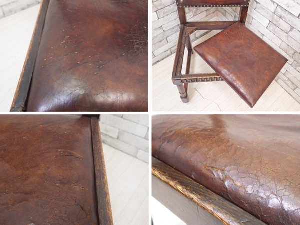 イギリスアンティーク UK Antique ダイニングチェア 2脚セット オーク材 本革 ブラウン スタッズ 鋲打ち 英国ビンテージ C ●
