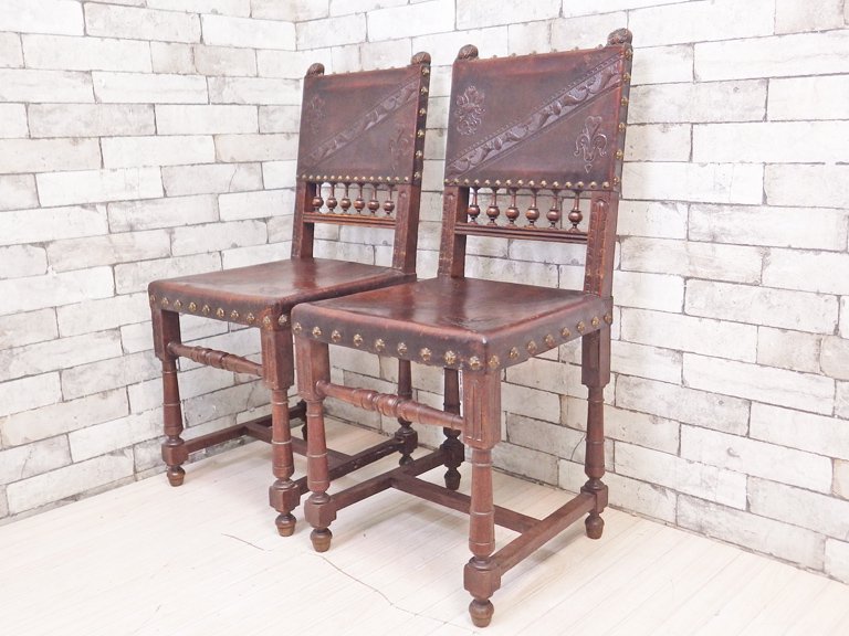 イギリスアンティーク UK Antique サロンチェア ダイニングチェア 2脚セット オーク材 本革 ブラウン 型押し エンボス加工 ジャコビアン様式 英国ビンテージ ●