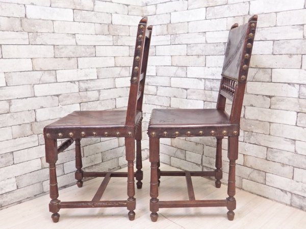 イギリスアンティーク UK Antique サロンチェア ダイニングチェア 2脚セット オーク材 本革 ブラウン 型押し エンボス加工 ジャコビアン様式 英国ビンテージ ●