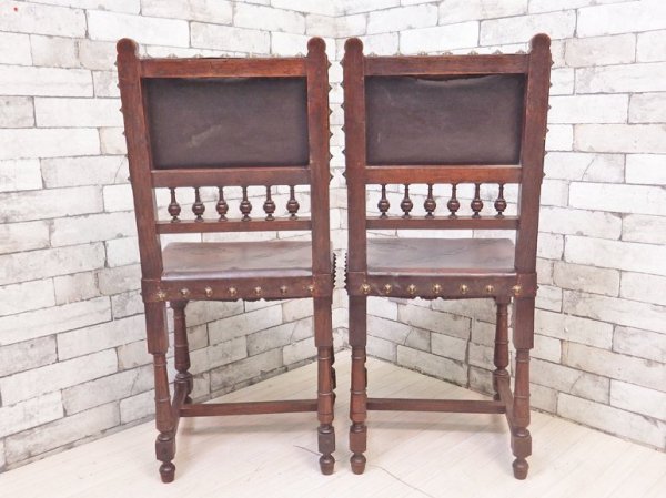 イギリスアンティーク UK Antique サロンチェア ダイニングチェア 2脚セット オーク材 本革 ブラウン 型押し エンボス加工 ジャコビアン様式 英国ビンテージ ●