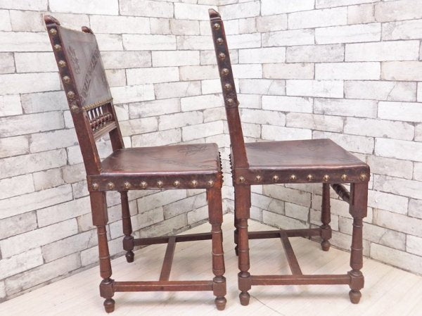イギリスアンティーク UK Antique サロンチェア ダイニングチェア 2脚セット オーク材 本革 ブラウン 型押し エンボス加工 ジャコビアン様式 英国ビンテージ ●