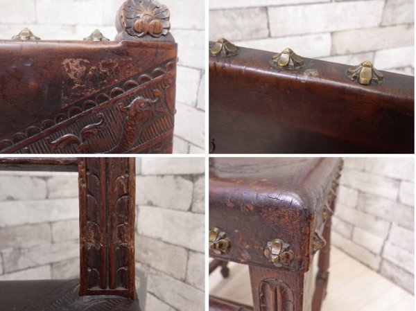 イギリスアンティーク UK Antique サロンチェア ダイニングチェア 2脚セット オーク材 本革 ブラウン 型押し エンボス加工 ジャコビアン様式 英国ビンテージ ●