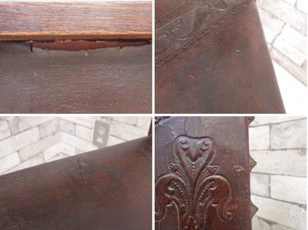 イギリスアンティーク UK Antique サロンチェア ダイニングチェア 2脚セット オーク材 本革 ブラウン 型押し エンボス加工 ジャコビアン様式 英国ビンテージ ●
