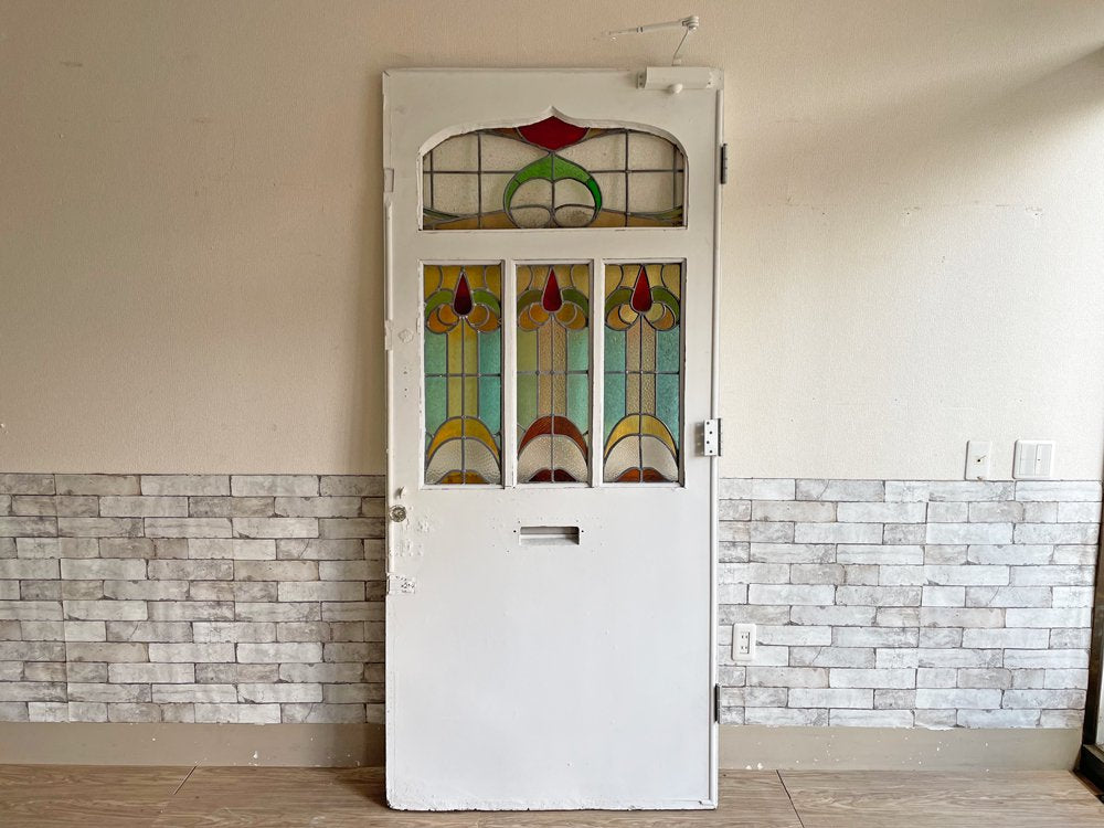 ヨーロピアンビンテージ European vintage シャビーシック 特大 ステンドガラス × 木製 ドア 建具 ホワイト アンティーク ●