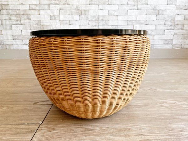 ヤマカワラタンジャパン yamakawa フルーツボウル テーブル Fruit Bowl Table 籐製 ブラック ガラス天板 W180 オミ タハラ 山川ラタン 定価220,000円 ●