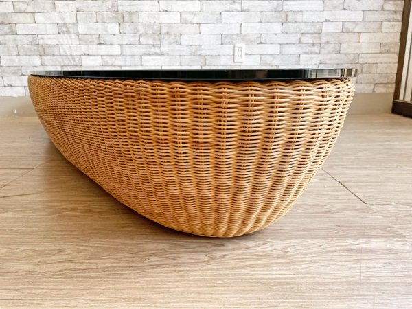 ヤマカワラタンジャパン yamakawa フルーツボウル テーブル Fruit Bowl Table 籐製 ブラック ガラス天板 W180 オミ タハラ 山川ラタン 定価220,000円 ●