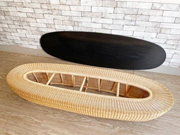 ヤマカワラタンジャパン yamakawa フルーツボウル テーブル Fruit Bowl Table 籐製 ブラック ガラス天板 W180 オミ タハラ 山川ラタン 定価220,000円 ●