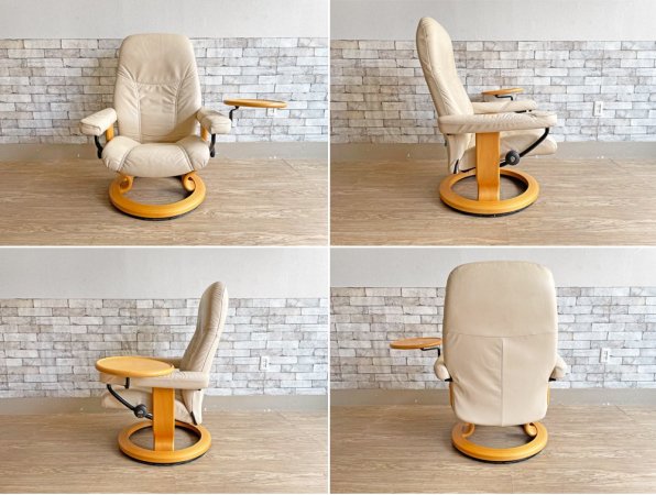 エコーネス EKORNES ストレスレスチェア stressless リクライニングチェア & オットマン 2点セット ホワイトレザー スウィングテーブル付 ノルウェー 北欧 現状品 ●