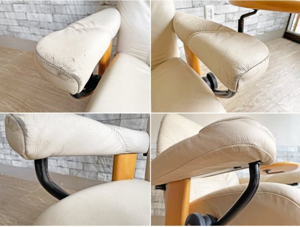 エコーネス EKORNES ストレスレスチェア stressless リクライニングチェア & オットマン 2点セット ホワイトレザー スウィングテーブル付 ノルウェー 北欧 現状品 ●