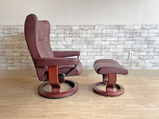 エコーネス EKORNES ストレスレスチェア stressless ウィング Wing リクライニングチェア & オットマン 2点セット ボルドー レザー ノルウェー 北欧 ●