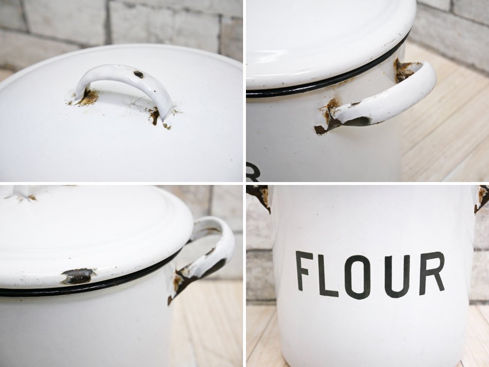 UKビンテージ UK Vintage ホーロー缶 キャニスター フラワー FLOUR エナメル 保存容器 取手付き ●