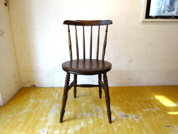 アンティーク スピンドルバック ダイニングチェア スポークバック サイドチェア ニレ無垢材 楡 ラウンドシート Antique Chair ★