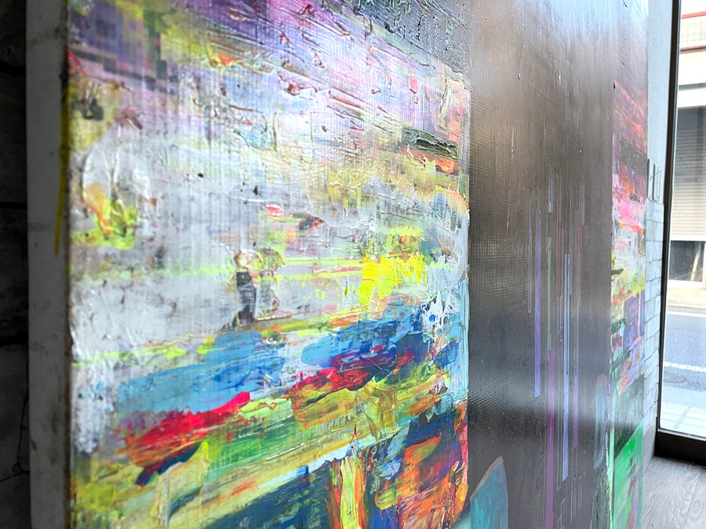 unknown アクリル画 抽象画 絵画 大判サイズ 130×194cm アバンギャルド 現代アート 現状品 ●