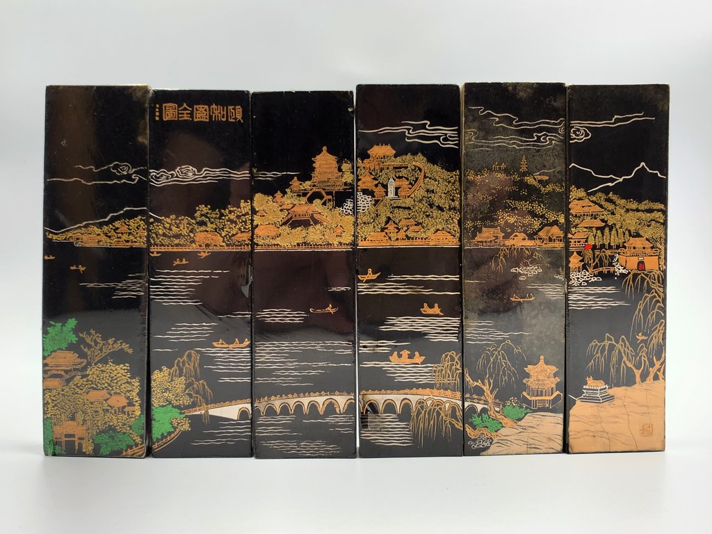 中国古墨 北京一得閣製墨 頤和園 中国書画墨 6点セット 書道具 習字 ガラス製箱付 未使用品 現状品 ◎