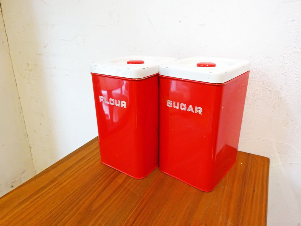 リンカーン社 Lincoln Beautyware キャニスターセット レッド 小麦粉 砂糖 FLOUR SUGAR 缶 キッチン収納 US 1950'sビンテージ ★