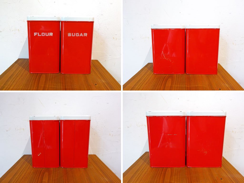 リンカーン社 Lincoln Beautyware キャニスターセット レッド 小麦粉 砂糖 FLOUR SUGAR 缶 キッチン収納 US 1950'sビンテージ ★