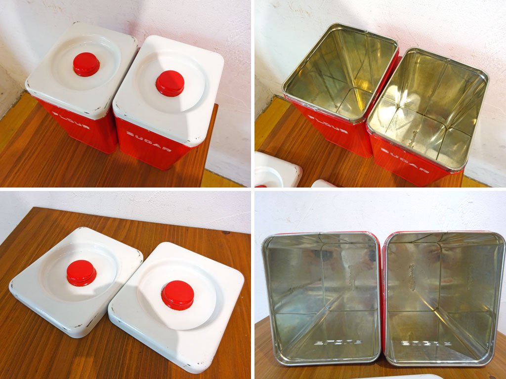 リンカーン社 Lincoln Beautyware キャニスターセット レッド 小麦粉 砂糖 FLOUR SUGAR 缶 キッチン収納 US 1950'sビンテージ ★