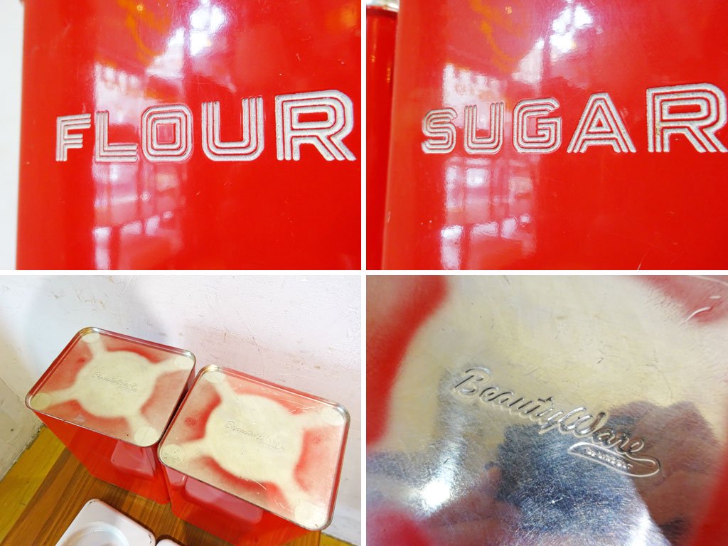 リンカーン社 Lincoln Beautyware キャニスターセット レッド 小麦粉 砂糖 FLOUR SUGAR 缶 キッチン収納 US 1950'sビンテージ ★