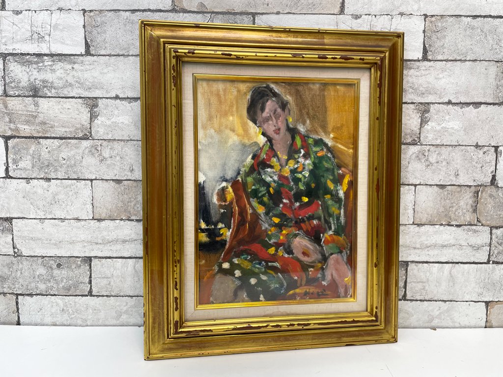 原精一 肉筆油彩画 少女座像 油絵 額装 ●