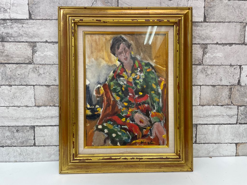原精一 肉筆油彩画 少女座像 油絵 額装 ●