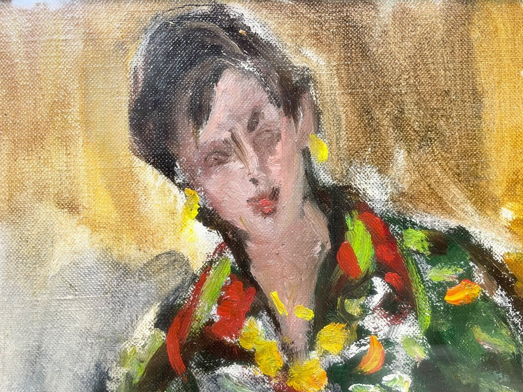 原精一 肉筆油彩画 少女座像 油絵 額装 ●
