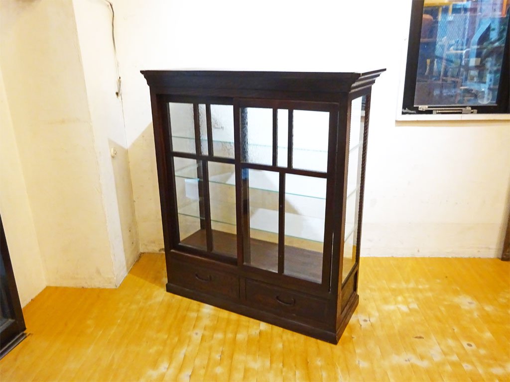 ジャパンビンテージ ガラスディスプレイ キャビネット 昭和レトロ 結霜硝子 対面ショーケース レストア済 ★